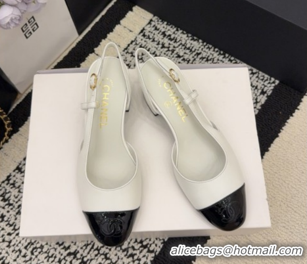 Top Design Chanel Lambskin & Patent Leather Slingbacks Pump 4cm G46943 White 2026