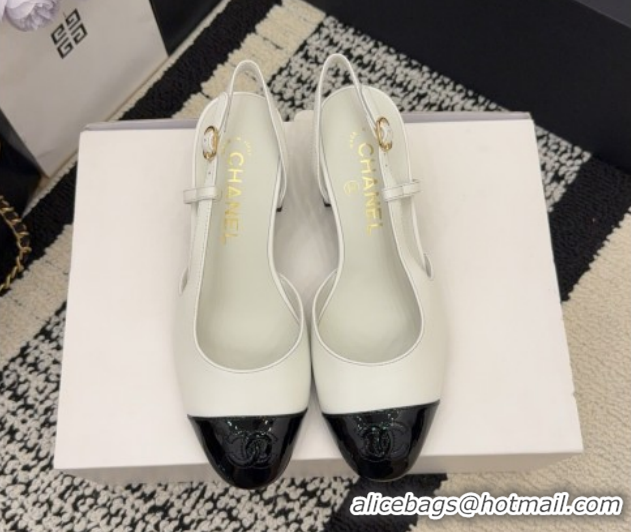 Top Design Chanel Lambskin & Patent Leather Slingbacks Pump 4cm G46943 White 2026