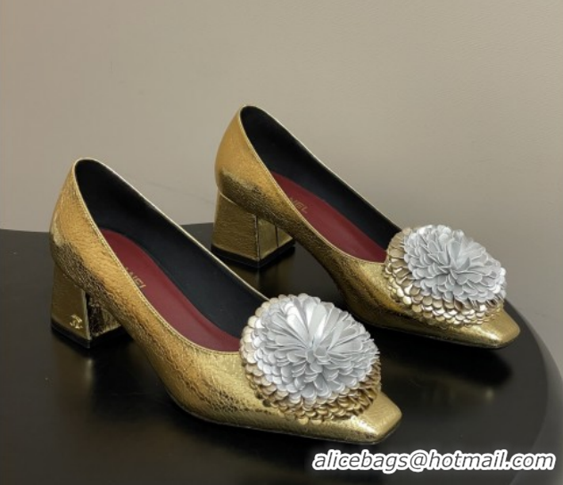 Luxury Chanel Lambskin Leather Pumps with Bloom CH011402 Gold 2026
