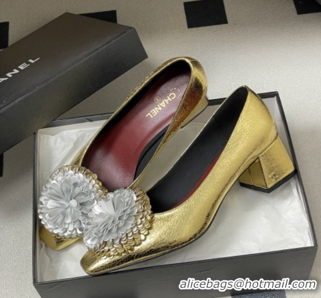 Luxury Chanel Lambskin Leather Pumps with Bloom CH011402 Gold 2026