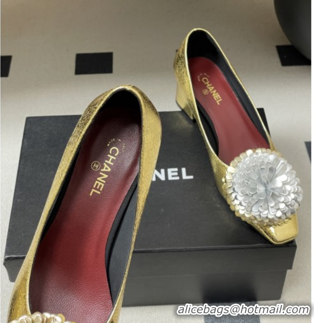 Luxury Chanel Lambskin Leather Pumps with Bloom CH011402 Gold 2026
