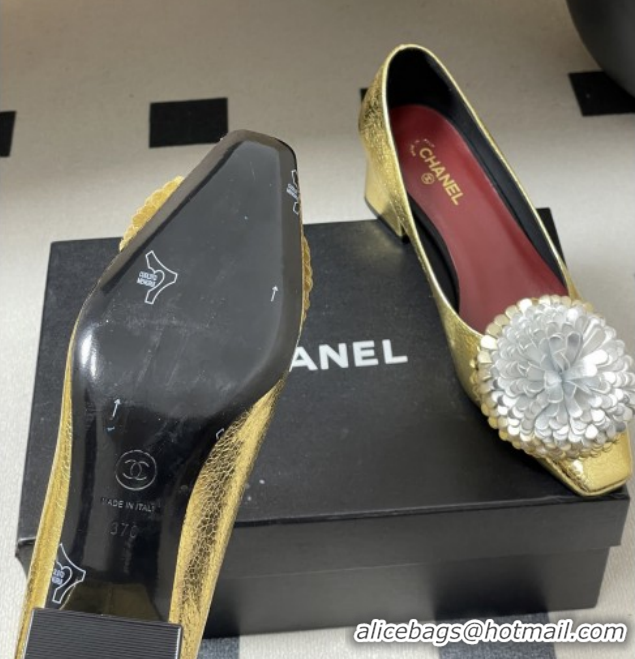 Luxury Chanel Lambskin Leather Pumps with Bloom CH011402 Gold 2026