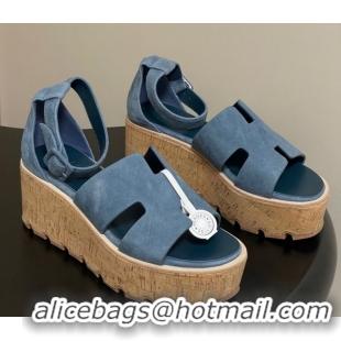 Big Discount Hermes Luce Wedge Platform Sandals 7cm in Suede Blue H252131 2026