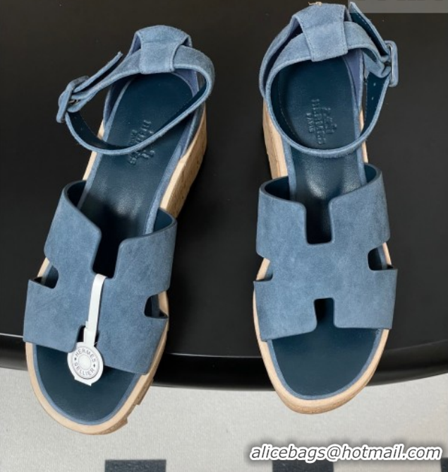 Big Discount Hermes Luce Wedge Platform Sandals 7cm in Suede Blue H252131 2026