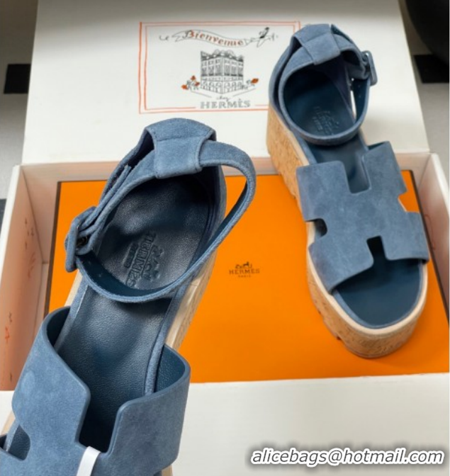 Big Discount Hermes Luce Wedge Platform Sandals 7cm in Suede Blue H252131 2026