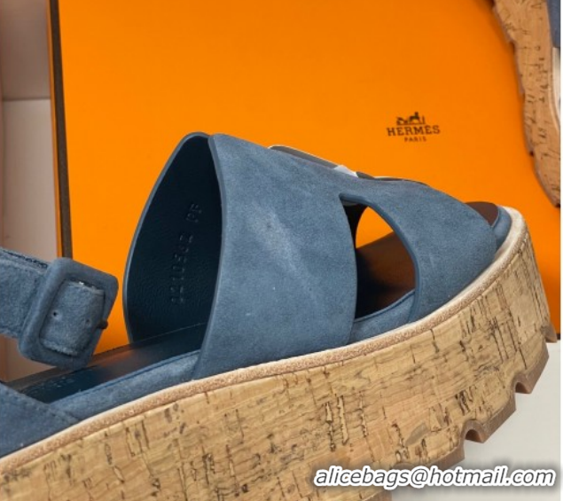 Big Discount Hermes Luce Wedge Platform Sandals 7cm in Suede Blue H252131 2026