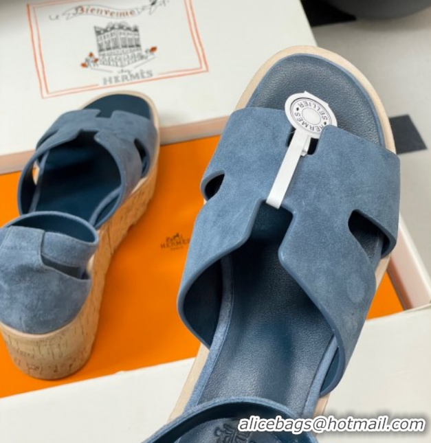 Big Discount Hermes Luce Wedge Platform Sandals 7cm in Suede Blue H252131 2026