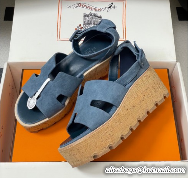 Big Discount Hermes Luce Wedge Platform Sandals 7cm in Suede Blue H252131 2026