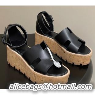 Low Cost Hermes Luce Wedge Platform Sandals 7cm in Calfskin Leather H252131 Black 2026