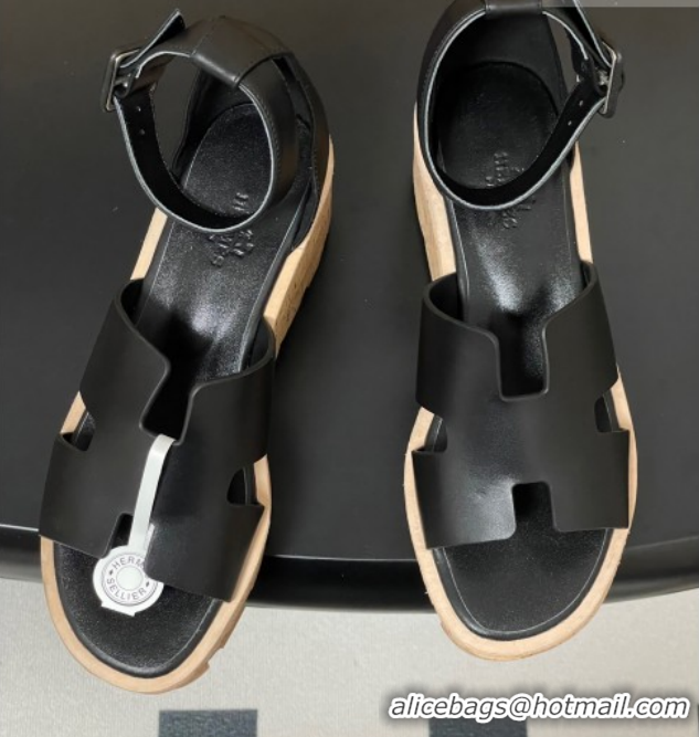 Low Cost Hermes Luce Wedge Platform Sandals 7cm in Calfskin Leather H252131 Black 2026