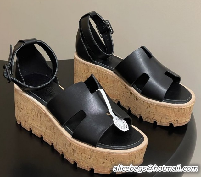 Low Cost Hermes Luce Wedge Platform Sandals 7cm in Calfskin Leather H252131 Black 2026