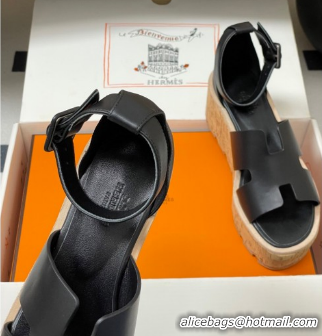 Low Cost Hermes Luce Wedge Platform Sandals 7cm in Calfskin Leather H252131 Black 2026