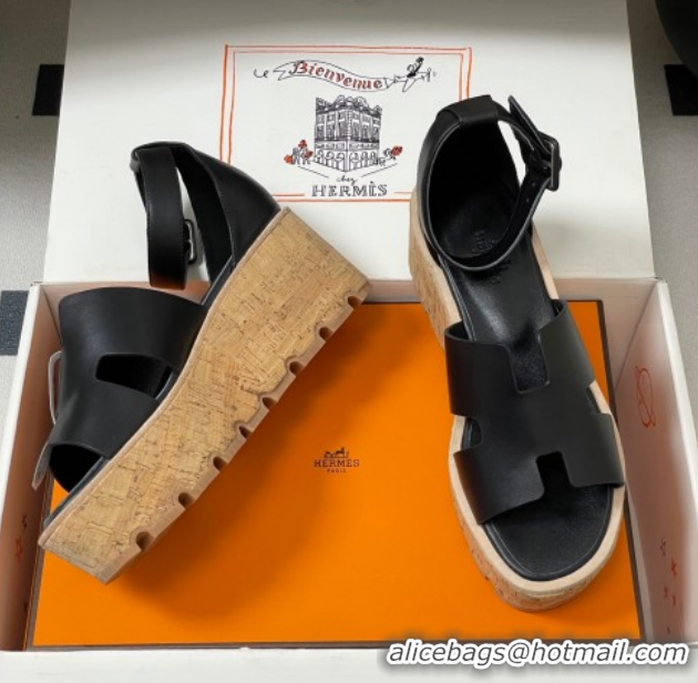 Low Cost Hermes Luce Wedge Platform Sandals 7cm in Calfskin Leather H252131 Black 2026