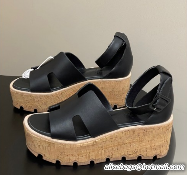 Low Cost Hermes Luce Wedge Platform Sandals 7cm in Calfskin Leather H252131 Black 2026