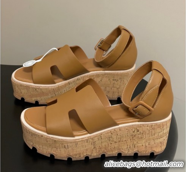 Grade Quality Hermes Luce Wedge Platform Sandals 7cm in Calfskin Leather H252131 Brown 2026