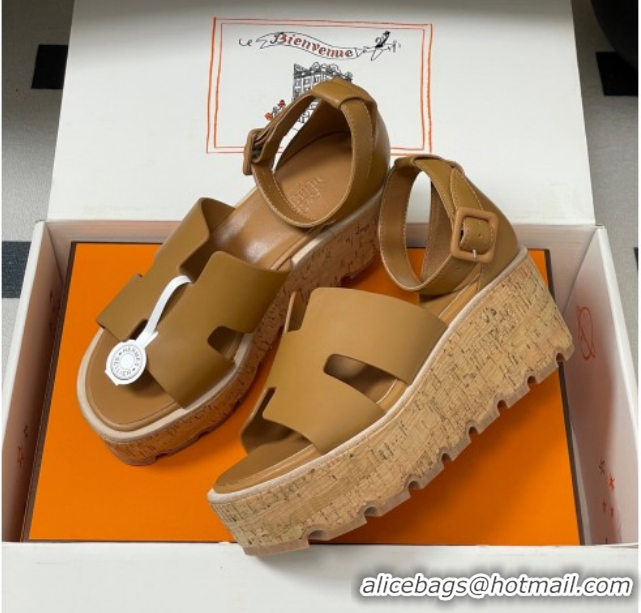 Grade Quality Hermes Luce Wedge Platform Sandals 7cm in Calfskin Leather H252131 Brown 2026