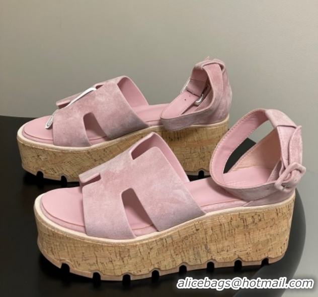 Best Price Hermes Luce Wedge Platform Sandals 7cm in Suede Pink H252131 2026