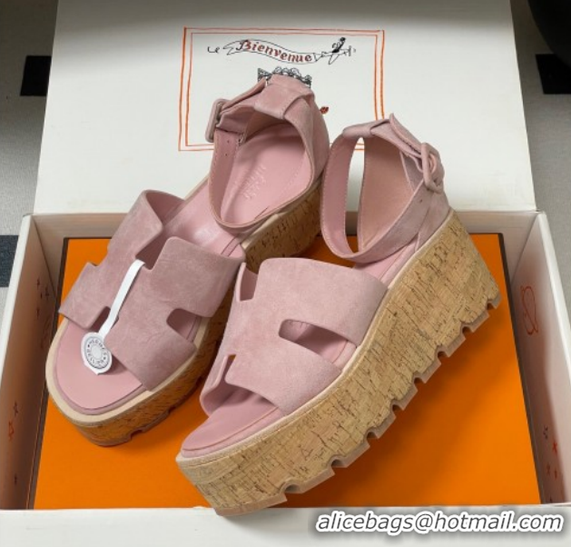 Best Price Hermes Luce Wedge Platform Sandals 7cm in Suede Pink H252131 2026