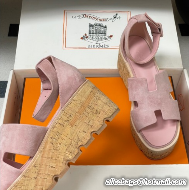 Best Price Hermes Luce Wedge Platform Sandals 7cm in Suede Pink H252131 2026