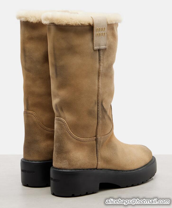 ​Trendy Design Miu Miu Shearling-lined Suede Knee-high Boots 5443 Beige