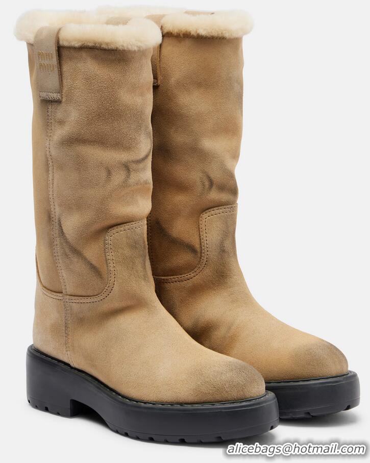 ​Trendy Design Miu Miu Shearling-lined Suede Knee-high Boots 5443 Beige