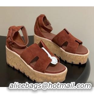Best Price Hermes Luce Wedge Platform Sandals 7cm in Suede Dark Brown H252131 2026