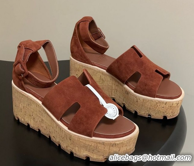 Best Price Hermes Luce Wedge Platform Sandals 7cm in Suede Dark Brown H252131 2026