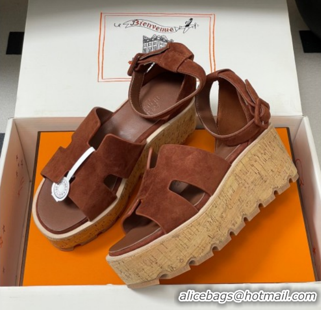 Best Price Hermes Luce Wedge Platform Sandals 7cm in Suede Dark Brown H252131 2026