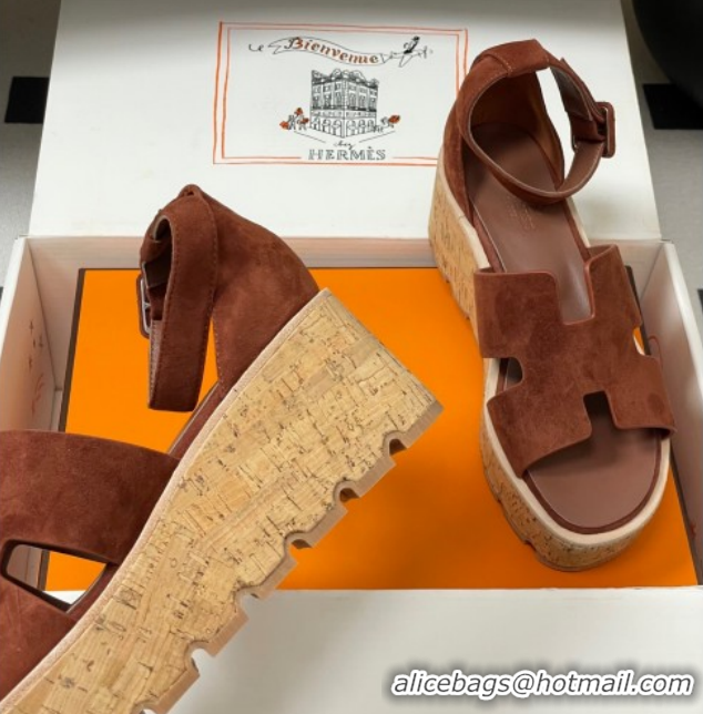 Best Price Hermes Luce Wedge Platform Sandals 7cm in Suede Dark Brown H252131 2026