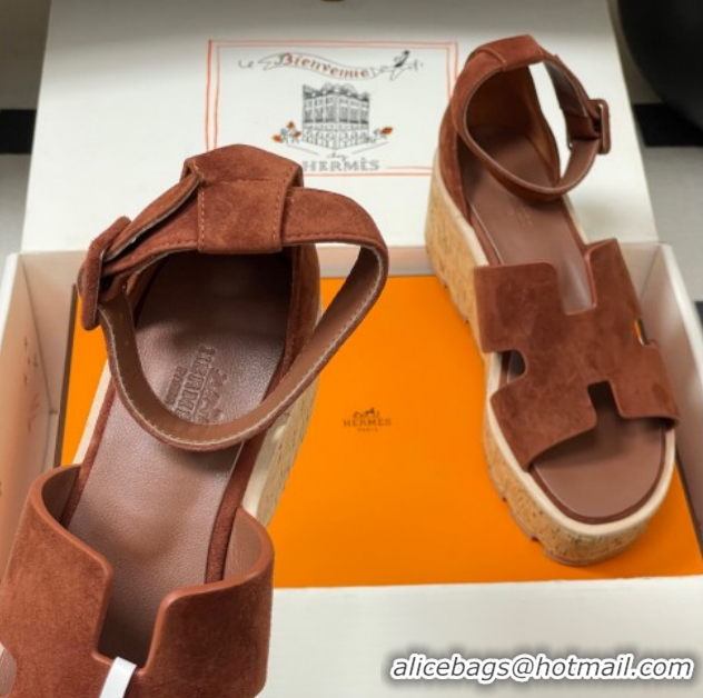 Best Price Hermes Luce Wedge Platform Sandals 7cm in Suede Dark Brown H252131 2026