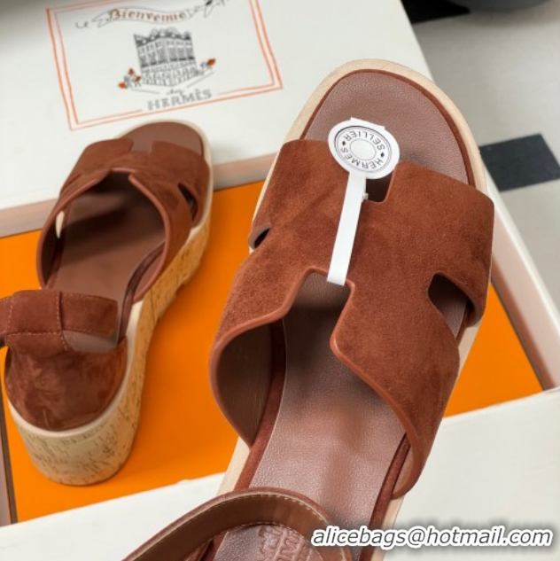 Best Price Hermes Luce Wedge Platform Sandals 7cm in Suede Dark Brown H252131 2026