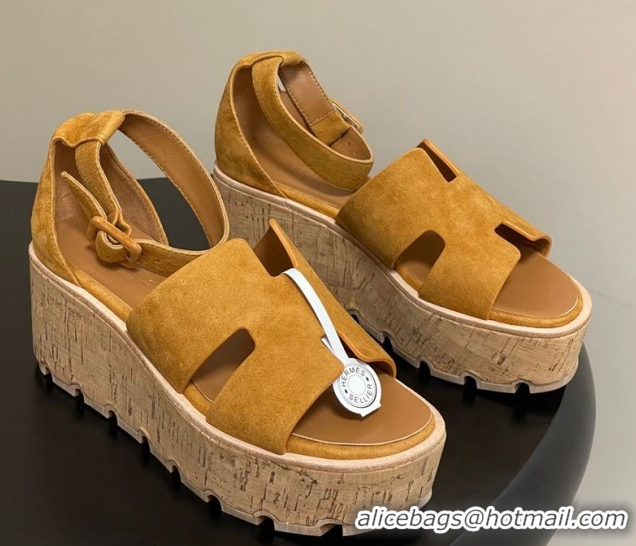 Stylish Hermes Luce Wedge Platform Sandals 7cm in Suede Yellow H252131 2026