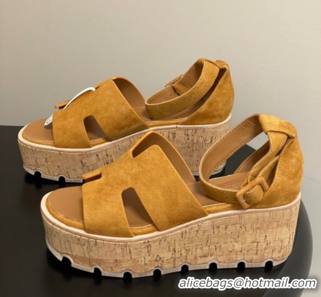 Stylish Hermes Luce Wedge Platform Sandals 7cm in Suede Yellow H252131 2026