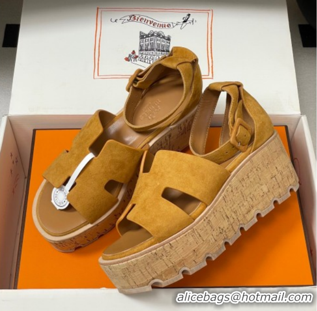 Stylish Hermes Luce Wedge Platform Sandals 7cm in Suede Yellow H252131 2026