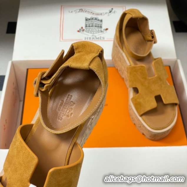 Stylish Hermes Luce Wedge Platform Sandals 7cm in Suede Yellow H252131 2026