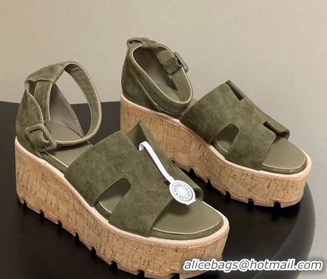 Sumptuous Hermes Luce Wedge Platform Sandals 7cm in Suede Green H252131 2026