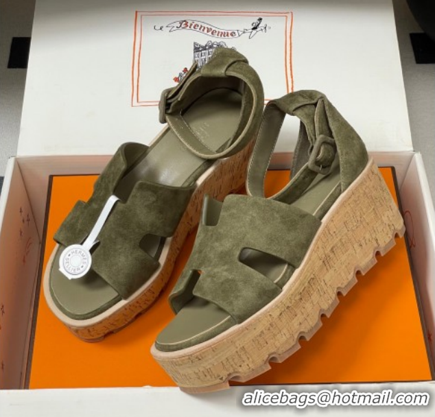 Sumptuous Hermes Luce Wedge Platform Sandals 7cm in Suede Green H252131 2026