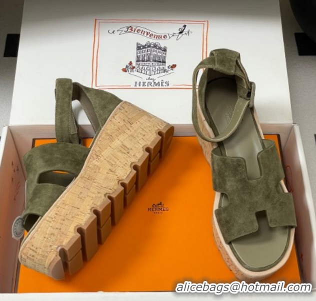 Sumptuous Hermes Luce Wedge Platform Sandals 7cm in Suede Green H252131 2026