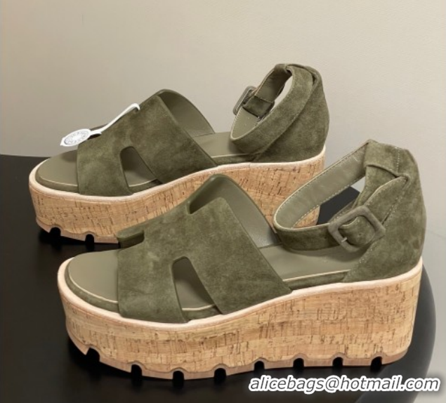 Sumptuous Hermes Luce Wedge Platform Sandals 7cm in Suede Green H252131 2026