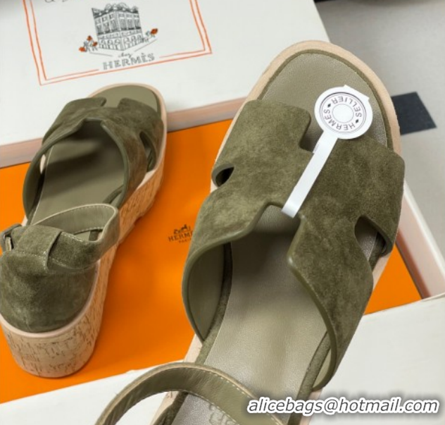 Sumptuous Hermes Luce Wedge Platform Sandals 7cm in Suede Green H252131 2026