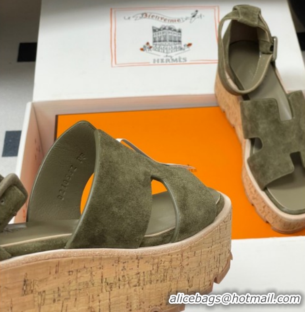 Sumptuous Hermes Luce Wedge Platform Sandals 7cm in Suede Green H252131 2026