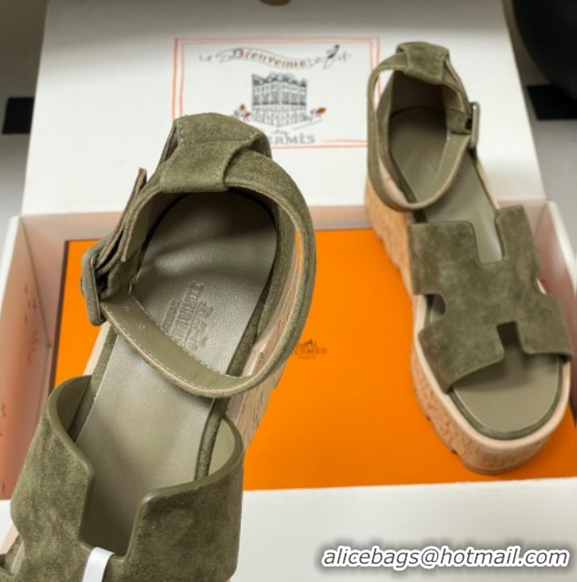 Sumptuous Hermes Luce Wedge Platform Sandals 7cm in Suede Green H252131 2026