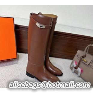 Perfect Hermes Jumping High Flat Boots in Calfskin Leather with Kelly Buckle Strap H102302 Brown 2026