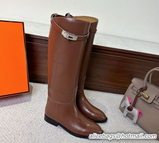Perfect Hermes Jumping High Flat Boots in Calfskin Leather with Kelly Buckle Strap H102302 Brown 2026
