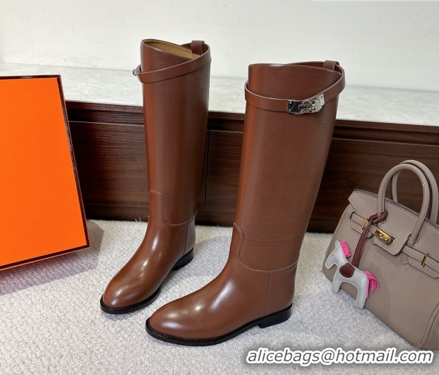 Perfect Hermes Jumping High Flat Boots in Calfskin Leather with Kelly Buckle Strap H102302 Brown 2026