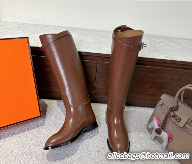 Perfect Hermes Jumping High Flat Boots in Calfskin Leather with Kelly Buckle Strap H102302 Brown 2026