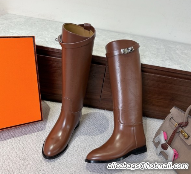 Perfect Hermes Jumping High Flat Boots in Calfskin Leather with Kelly Buckle Strap H102302 Brown 2026