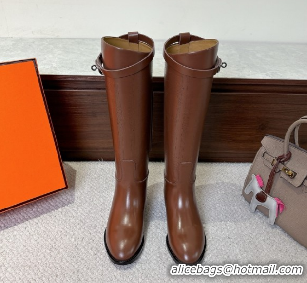 Perfect Hermes Jumping High Flat Boots in Calfskin Leather with Kelly Buckle Strap H102302 Brown 2026