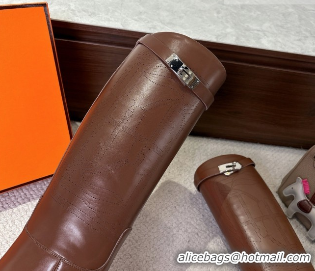 Perfect Hermes Jumping High Flat Boots in Calfskin Leather with Kelly Buckle Strap H102302 Brown 2026
