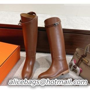 Unique Style Hermes Jumping High Flat Boots in Calfskin Leather with Kelly Buckle Strap H102302 Chocolate 2026